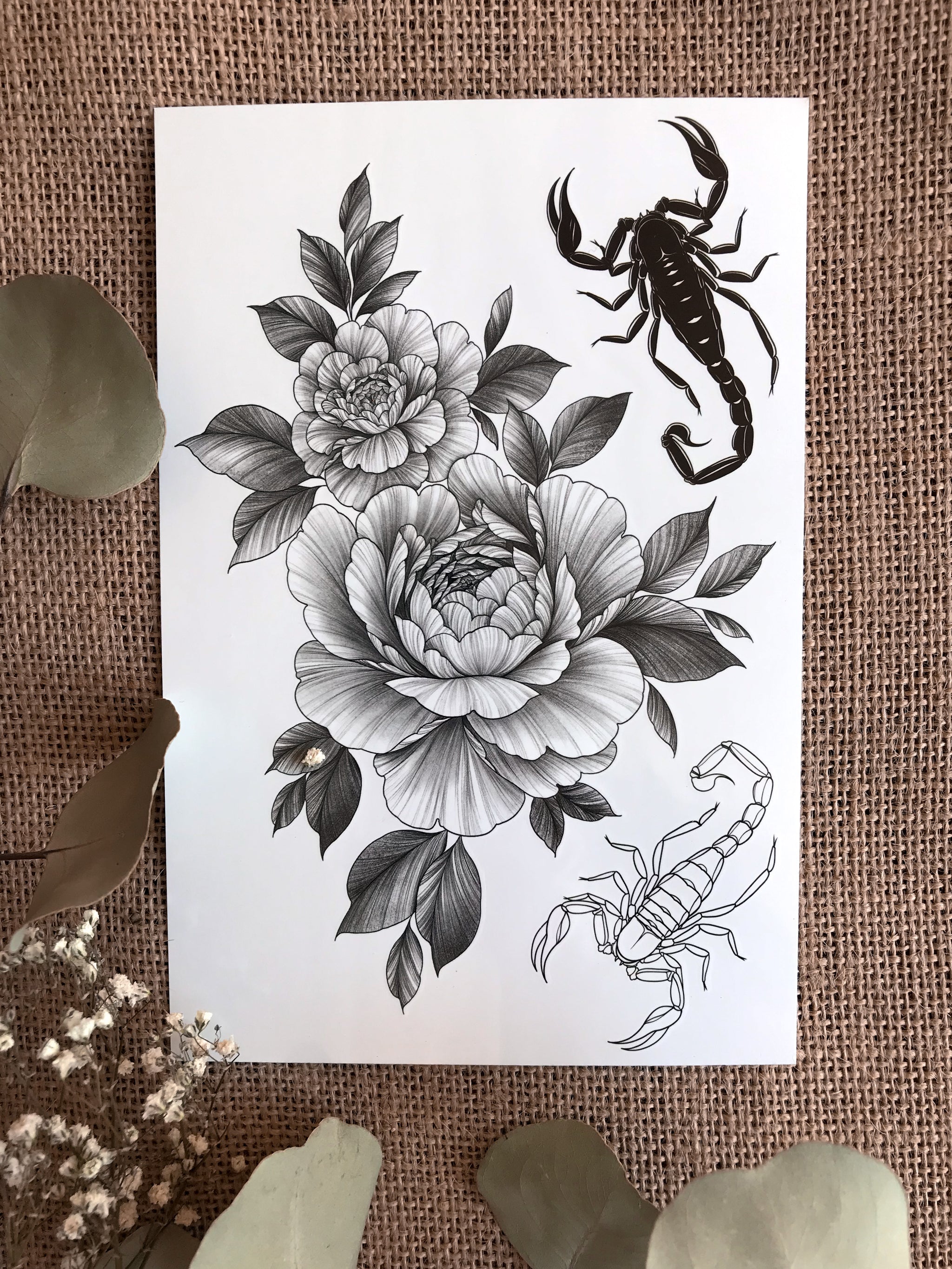 Peony Tattoo Black & White Design