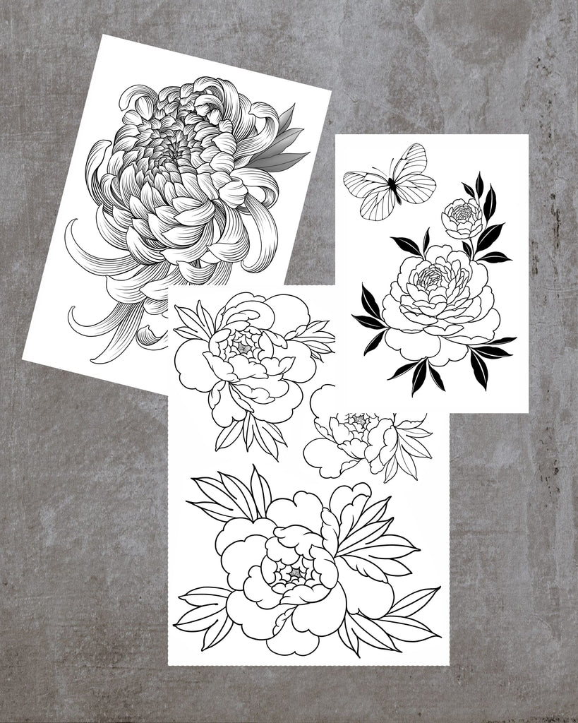 Line Art Floral tattoo set